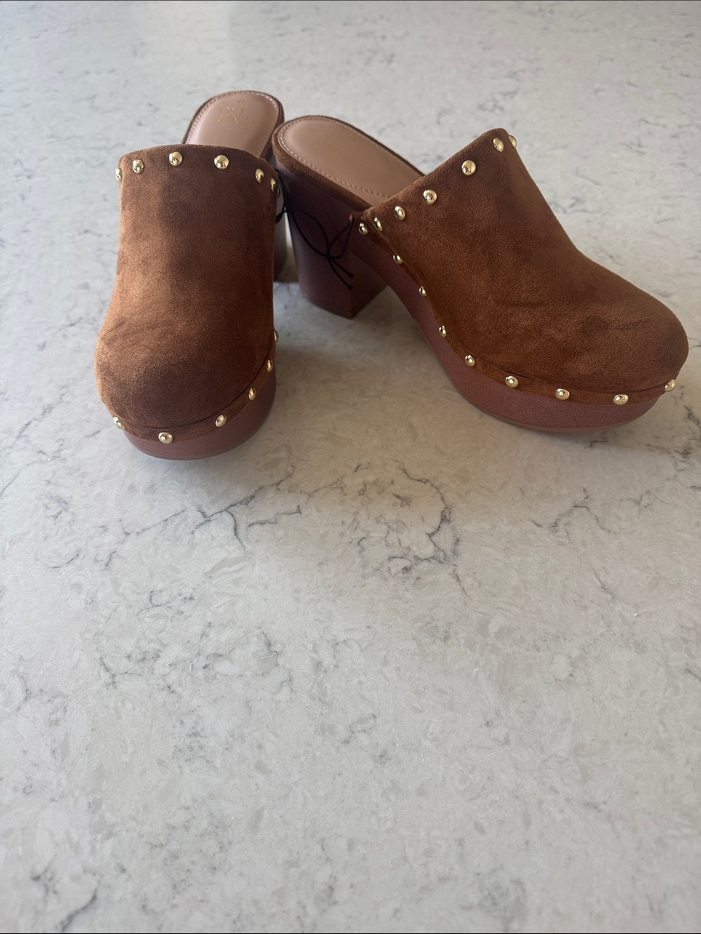 NWT Time and Tru Brown Studded Suede Clog Heels w/ block heels W 10